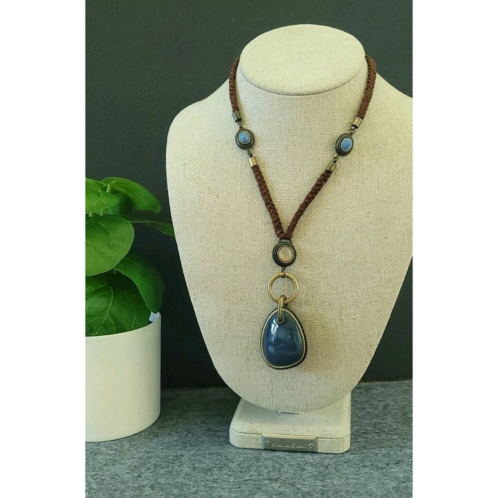 NINE WEST Blue Cabochon Statement Pendant Necklace Braided Cord 16in
